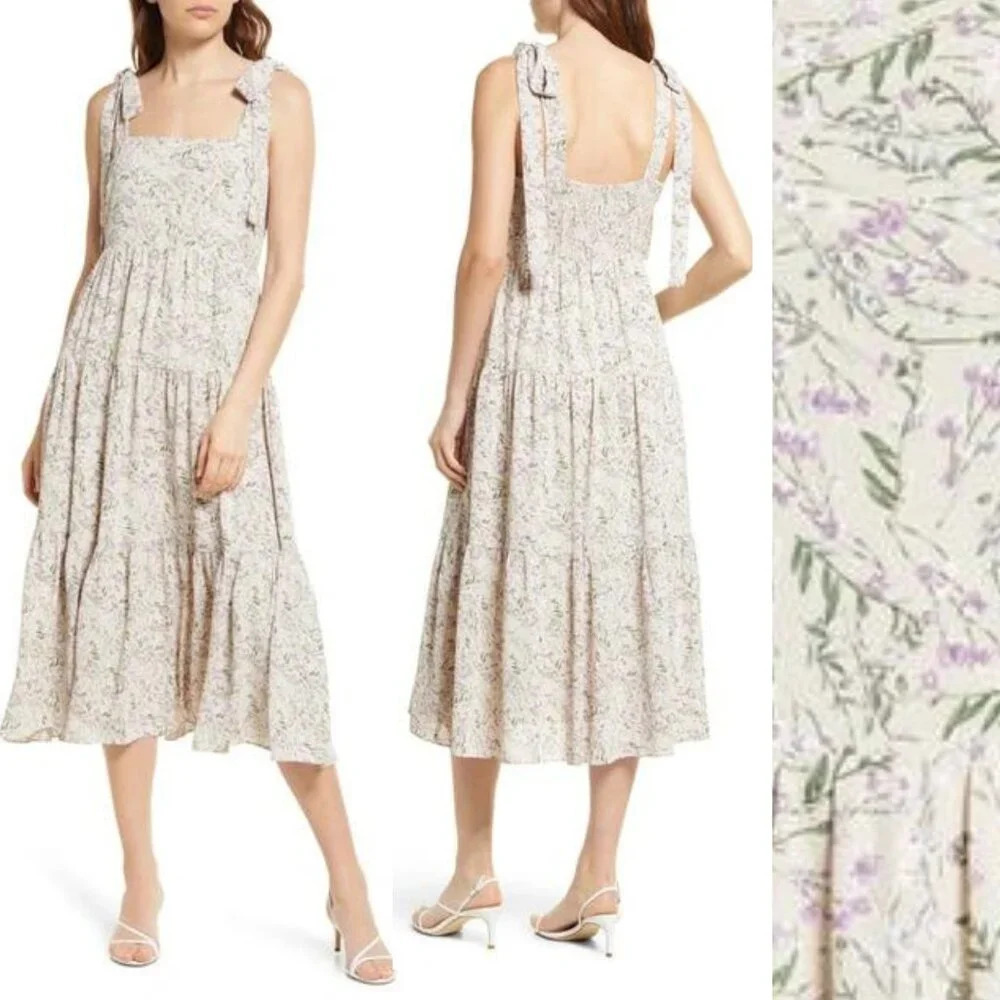 Chelsea28 Floral Print Smocked Midi Dress Green Purple 22428